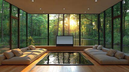 Serene living room with floor-to-ceiling windows showcasing a tranquil forest and water view