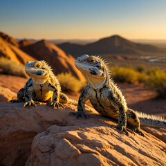 Lizards on Rocks in Desert at Sunset