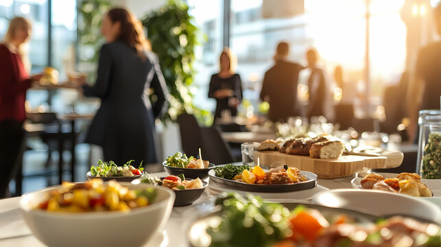 Business Buffet: Delicious food spread out on a table with blurred people in the background, suitable for catering, corporate events, and office gatherings.