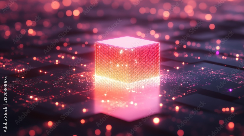 Aufkleber abstract luminous cube glows amidst vibrant digital particles in a captivating futuristic landscape 