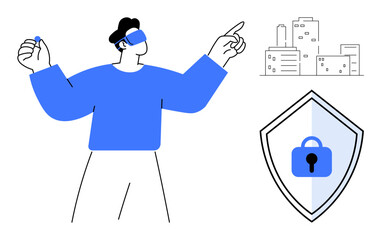 Person using VR headset while interacting with digital smart city model large shield with padlock. Ideal for technology, innovation, virtual reality, cybersecurity, smart cities, digital protection