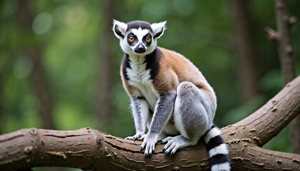 Obraz premium Lemur sitting on a tree branch in a lush green forest environment