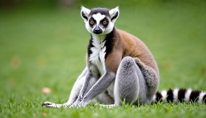 Obraz premium Lemur sitting calmly on the green grass in a peaceful outdoor setting