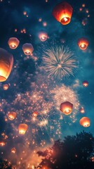 Fototapeta premium Fireworks meld with lantern glow, crafting a scene of vibrant festive joy. Vertical.