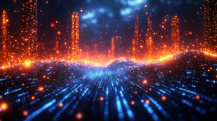 Fototapeta premium Futuristic Cyber Cityscape with Glowing Digital Grid and Moving Particles Concept Art for Data Transfer in Cyberspace and Big Data Visualization