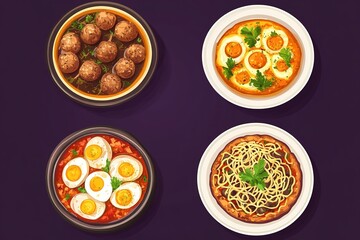 Overhead view of four bowls each containing a unique and colorful dish