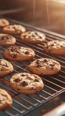 Warm cookies on a wire rack cool in a bright kitchen filled with soft light. Vertical.