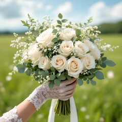 정원웨딩과화이트레이스장갑의우아함