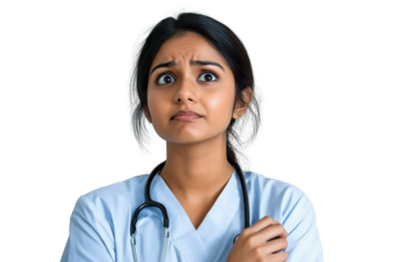 young female doctor with concerned expression on transparent background