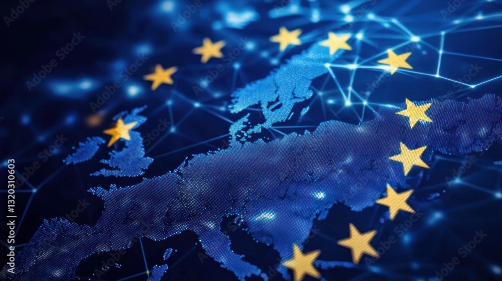 Poster eu map with interconnected nodes and stars.