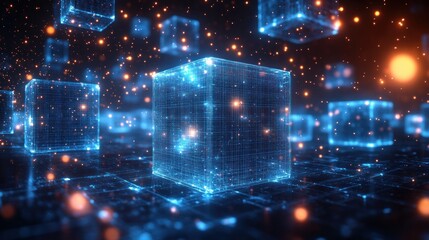 Futuristic Digital Cube Grid Concept for Data Transfer and Blockchain Visualization in Deep Space Environment