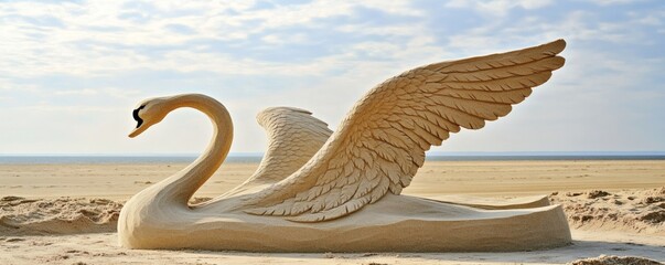 Majestic Sand Sculpture Depicting a Large Swan on a Beach