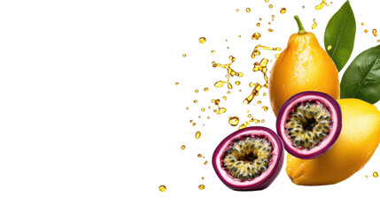 Vibrant and colorful arrangement featuring a fresh yellow pear and a ripe purple passion fruit with water droplets splashing against a plain white background