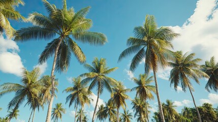 Fototapeta premium Tropical palm trees against a sunny blue sky offering a serene view