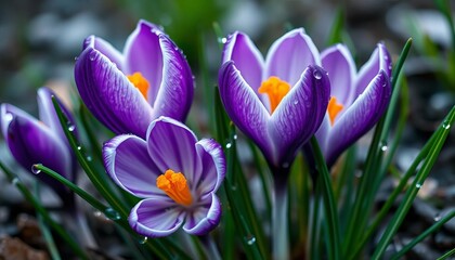 Fototapeta premium Rain-soaked, tightly closed crocus blossoms, purple petals, dew drops, blossom, bloom