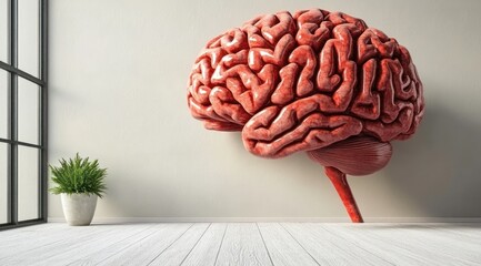 Large human brain model on wall in modern room.