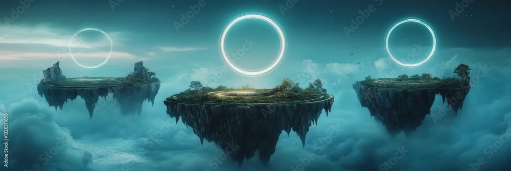 Poster Floating islands with portals connecting virtual worlds in a metaverse landscape at dusk showcasing surreal beauty and exploration opportunities