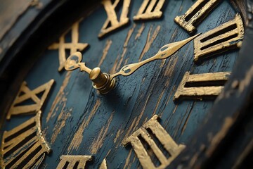 Vintage Clock Face Closeup with Gold Numerals and Blue Wood