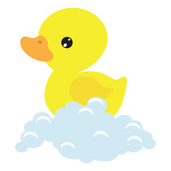 Cute little rubber duckling and  bubble bath vector cartoon illustration