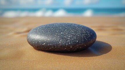 Smooth, dark grey beach stone on golden sand near ocean waves