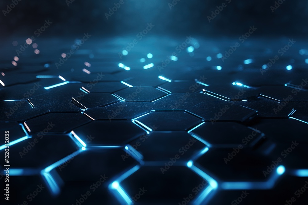 Poster futuristic glowing blue hexagonal grid abstract technology background perspective view