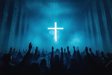 Worship and Praise in a Glowing Spiritual Atmosphere with Silhouetted Worshippers and Cross