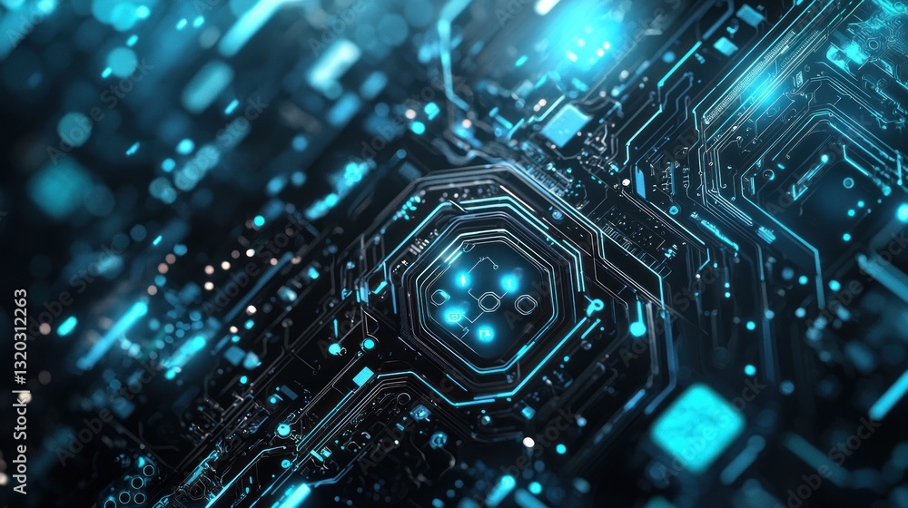 Poster abstract digital circuit board with glowing blue lines and nodes.
