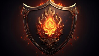 Fototapeta premium A fiery emblem featuring a shield with a flame design, symbolizing strength and protection against adversities.