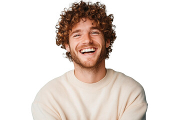 happy man with curly hair on transparent background
