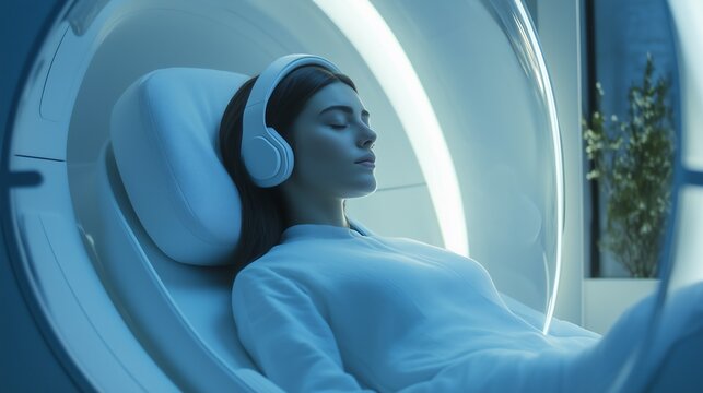 Futuristic meditation pod neural headset serene woman AI generated