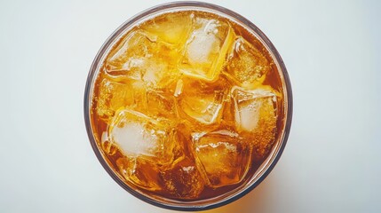 Amber liquid with ice cubes in a glass. Perfect for illustrating refreshment, beverages, or summer themes.