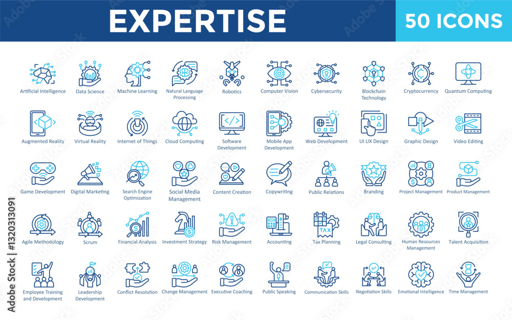 Poster expertise icon set with artificial intelligence, data science, machine learning, natural language pr