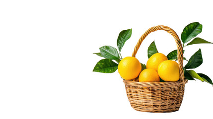 Vibrant Basket of Fresh Lemons with Green Leaves on White Background  Healthy Organic Citrus Fruit for Kitchen Cooking or Grocery Market Display
