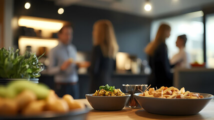 Culinary Gathering: A table laden with a delicious array of dishes, with blurred figures of people socializing in the background, creating a sense of gathering.
