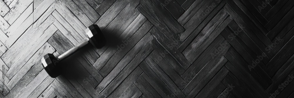 Poster minimalist black and white dumbbell resting on textured wooden floor with diagonal lines and ample n