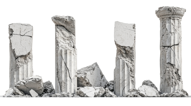 Broken and Crumbling Stone Columns with Debris, Transparent Background, Ancient Ruins and Historical Decay