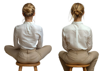 woman in beige pants and white shirt sitting on a stool, back view on white background