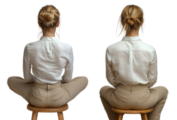 woman in beige pants and white shirt sitting on a stool, back view on white background