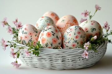 Fototapeta premium Easter Egg Basket with Pastel Eggs and Flowers on White Background