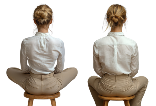 woman in beige pants and white shirt sitting on a stool, back view on white background