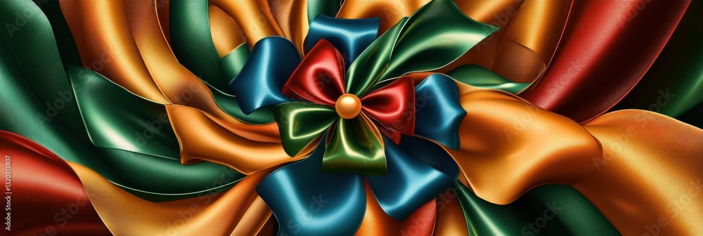 Poster Decorative ribbons and bows spiraling in golden ratio with a clear central area for logos or text
