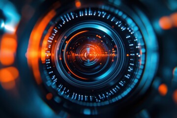 Close Up of Drone Camera Lens with Futuristic Cyberpunk Design and Neon Lighting