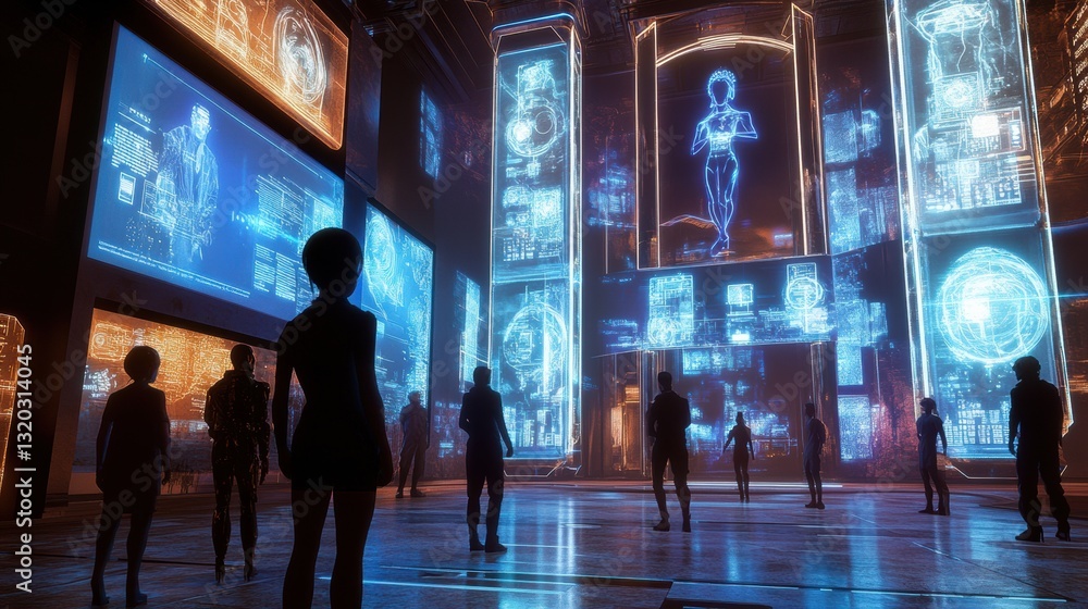 Aufkleber digital avatars interact in a virtual lobby filled with holographic displays for social engagement i