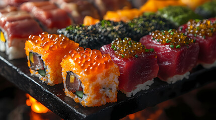 Sushi Extravaganza: A vibrant close-up showcases a meticulously arranged assortment of sushi rolls and nigiri, each bursting with fresh ingredients and captivating colors.