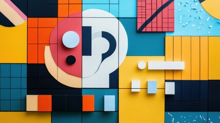 Geometric price tag transformed into an abstract figure surrounded by discount elements in modern art style