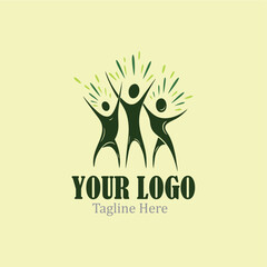 Modern Logo With three people standing with raised arms and a sunburst.