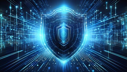 Obraz premium A glowing digital shield surrounded by streams of blue light, symbolizing cybersecurity and protection in a technological environment.