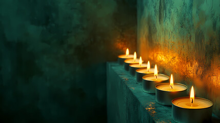 Candlelit serenity: A row of glowing tealight candles cast a warm, inviting glow in a softly lit setting, their flickering flames dancing against the dark backdrop. 