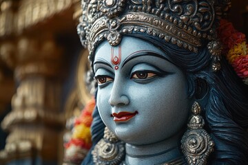 Majestic Indian Hindu Shiva Deity Statue in Vibrant Colors and Intricate Carvings