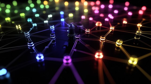 Network nodes glowing brightly showing data structure optimization. AI generated